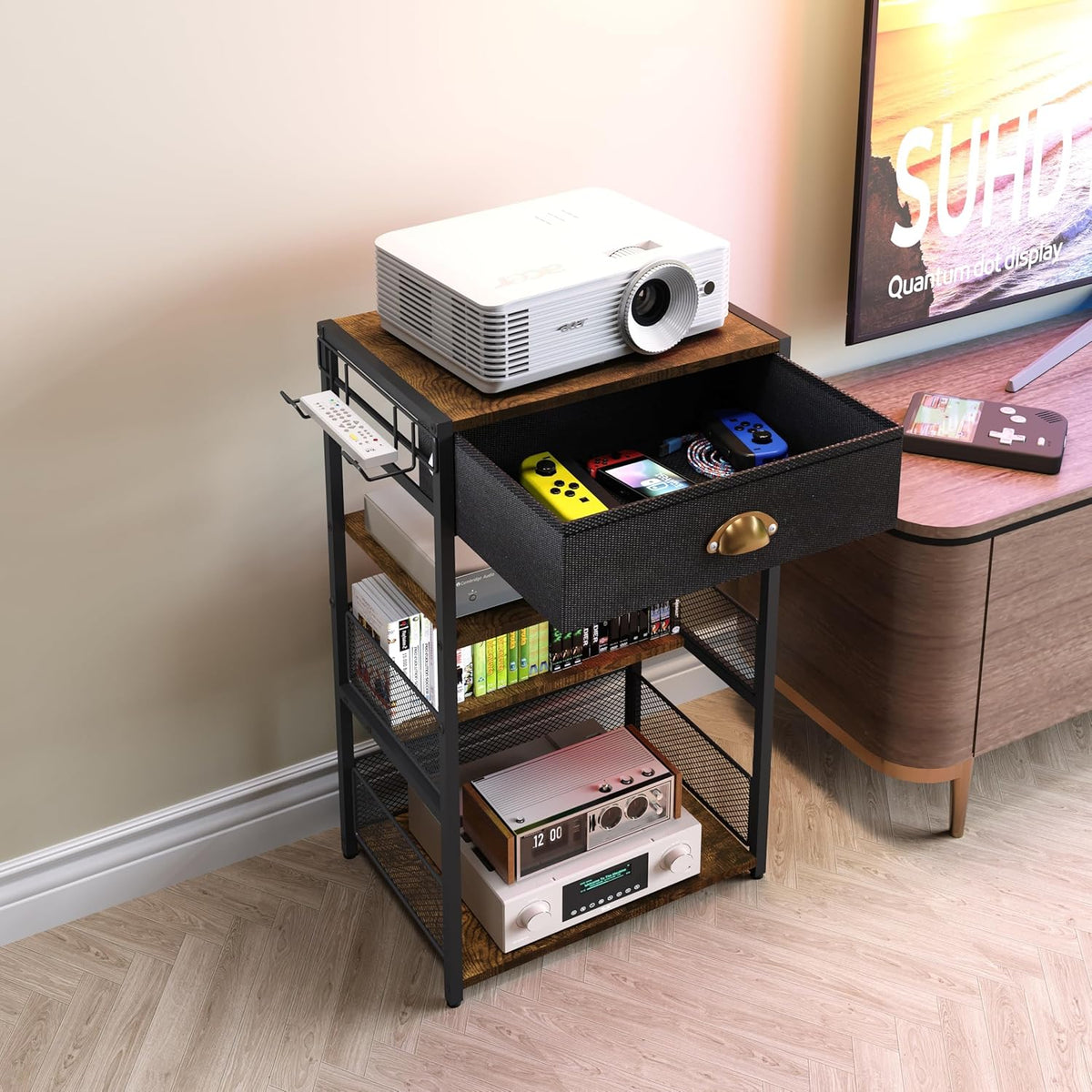 4-Tier Media Storage Tower with Drawer, Console Stand for PS5/Xbox/Switch