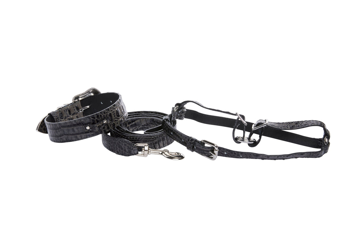 Dark Grey/Light Grey Embossed Croc Italian Leather Silver Swarovski Crystal Collar, Leash, Harness Set