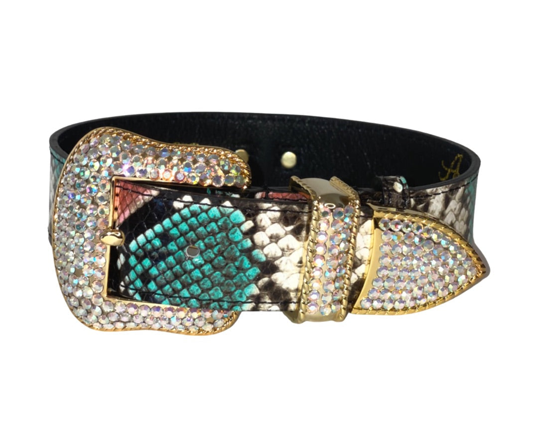 Multi-Color Embossed Snake Italian Leather Collar, with our Italian Made Swarovski Crystal Hardware