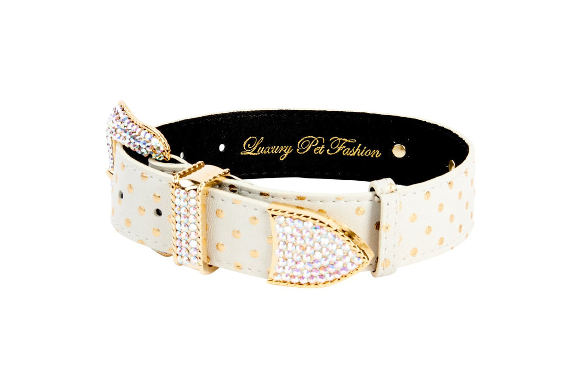 White & Gold Polka Dot Italian Leather Collar With Swarovski Crystal Hardware
