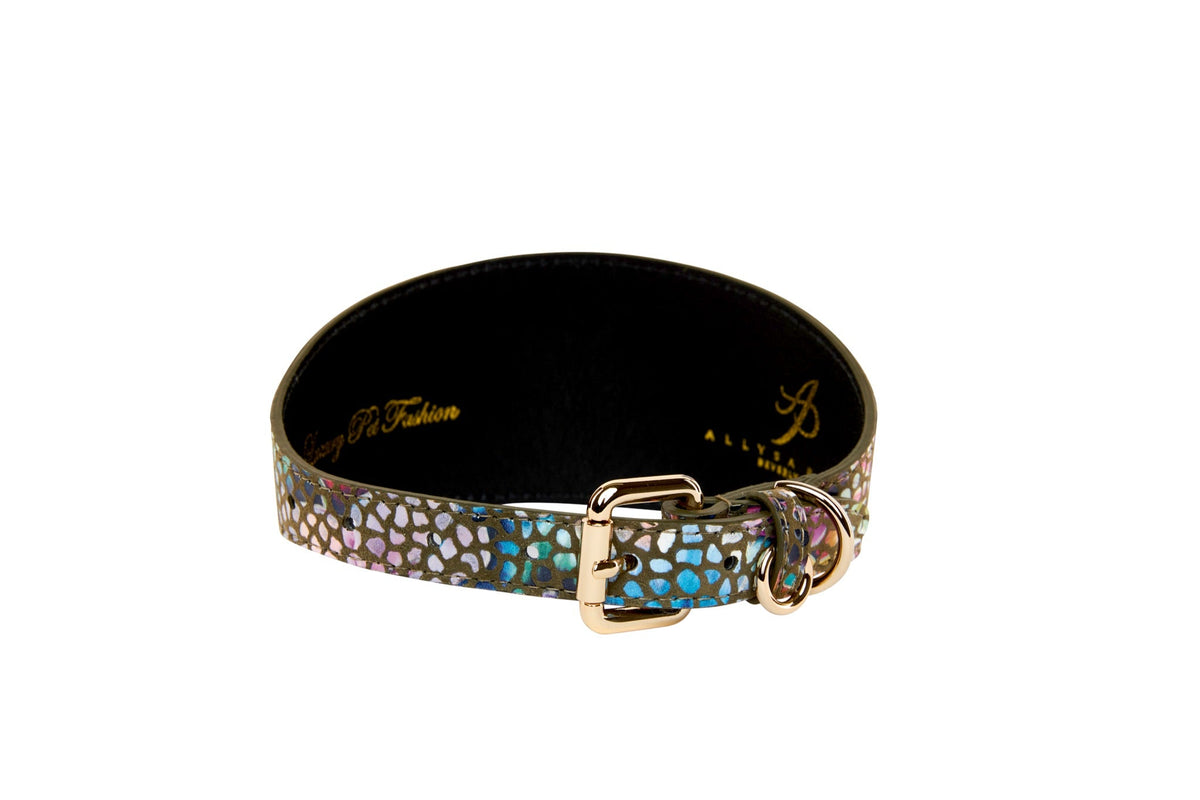 Olive Floral Mosaic Italian Leather 3” Wide Style Collar