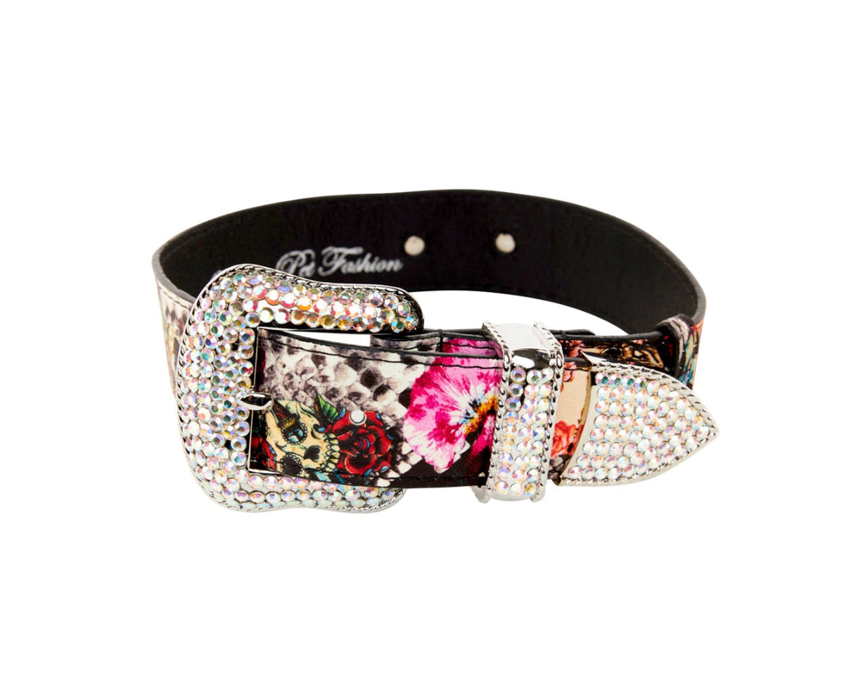 Floral, Scull, Snake Print Italian Leather Collar With Swarovski Crystal Hardware