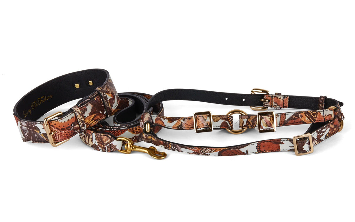Butterfly Print Italian Leather Classic Collar, Leash & Harness Set