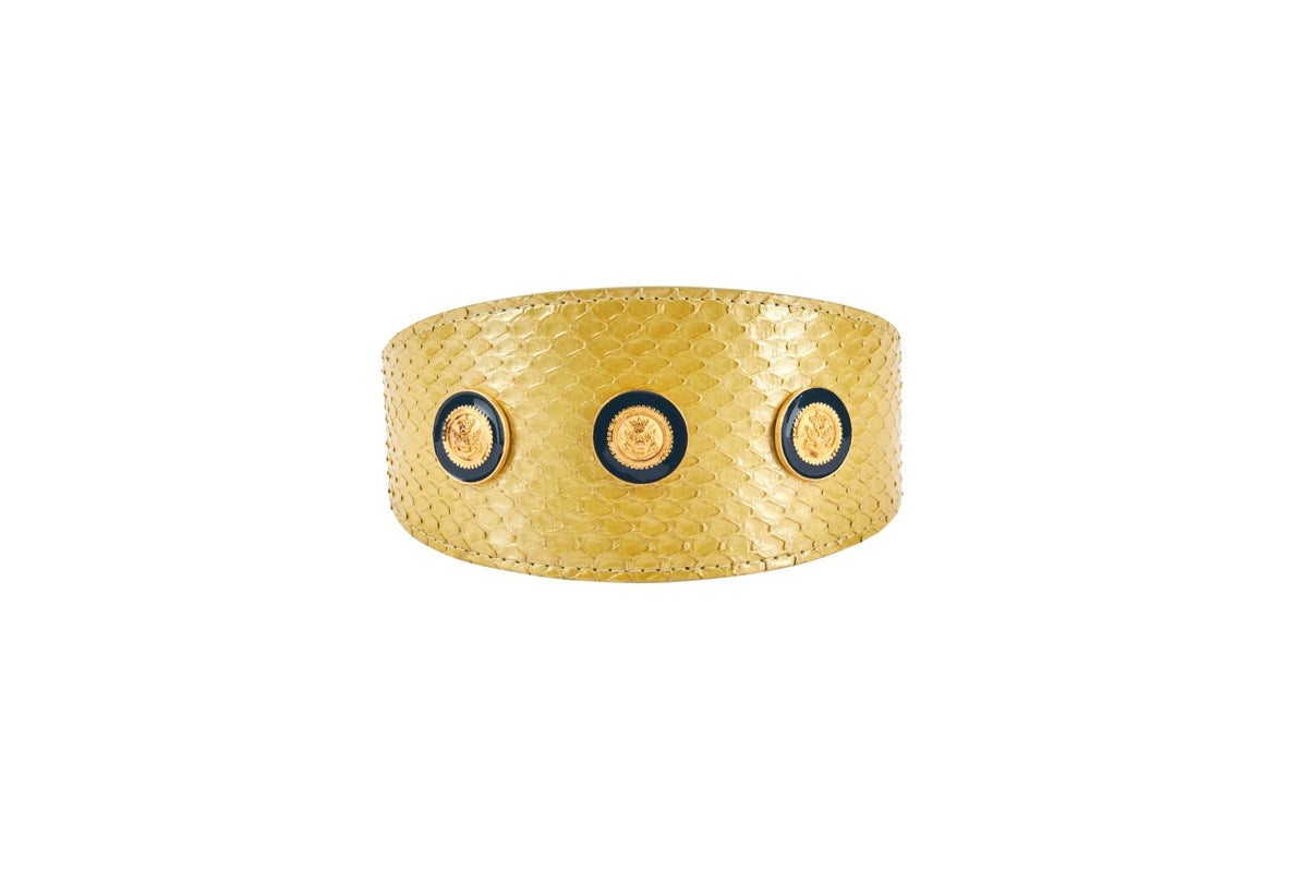 Pearl Yellow Snake With Vintage Gold & Navy Rivets. 3” Wide Style Collar