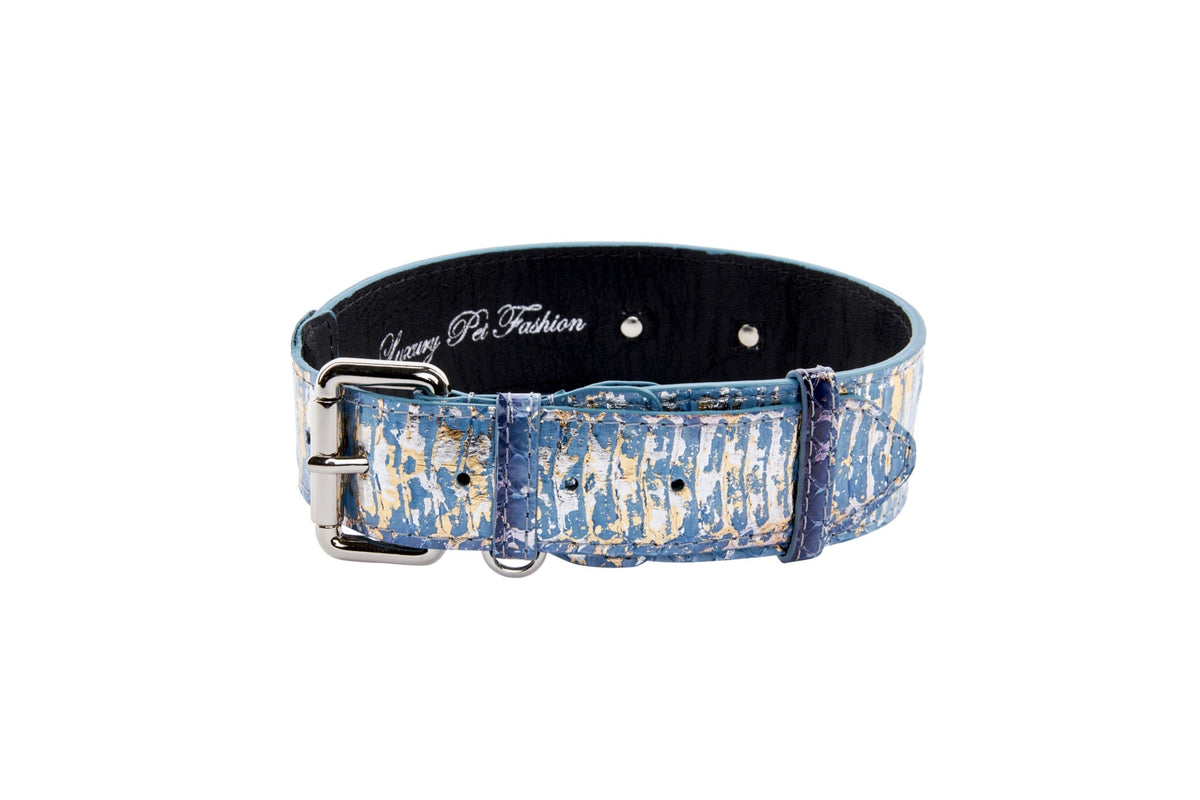 Light Blue/Dark Blue Silver Iridescent Snake Collar With Silver Classic Hardware