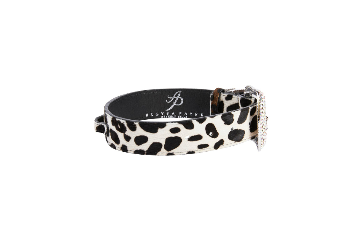 Snow Leopard Print Hair On Hide Italian Leather Collar With Swarovski Crystal Hardware
