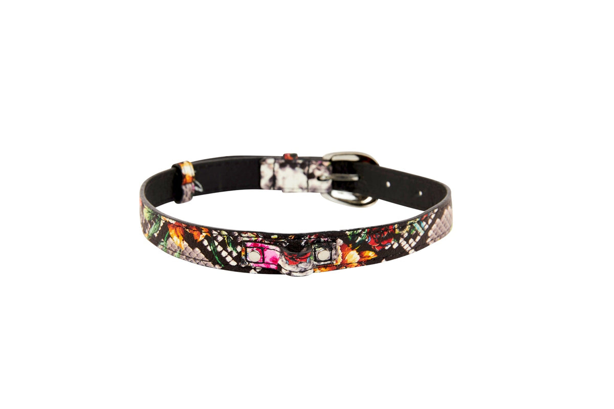 Floral, Scull, Snake Print Italian Leather Collar With Silver Oval Hardware