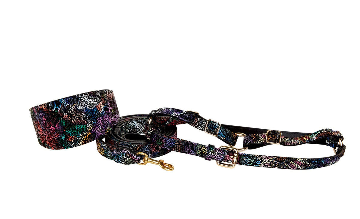 Floral/Lace Embossed Italian Leather 3” Wide Style Collar, Leash, Harness Set