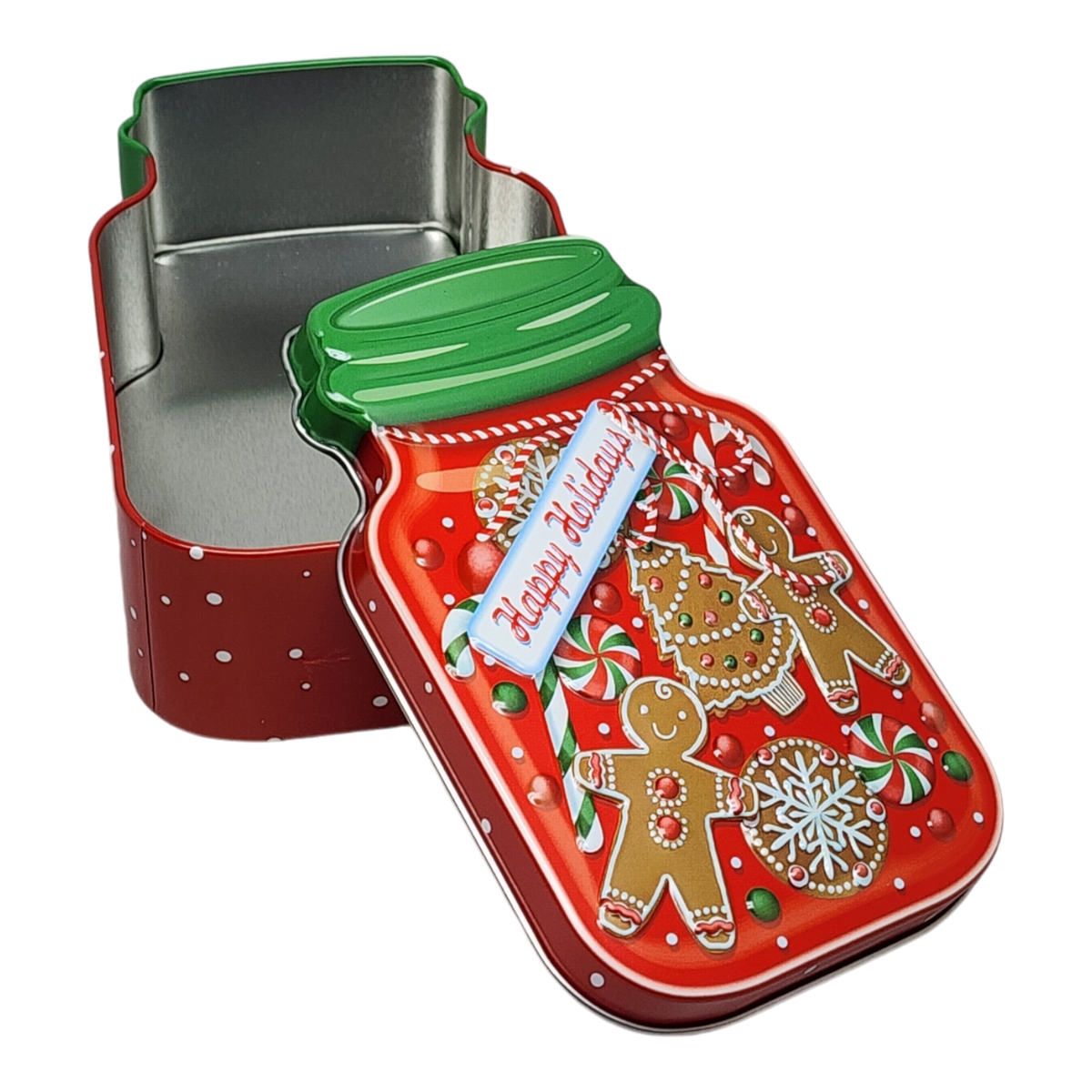 Jar Shaped Christmas Cookie Gift Tin - Happy Holidays Gingerbread