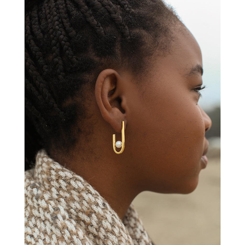J Hoop Freshwater Pearl Earrings Gold Plated Recycled Shell Minimalist