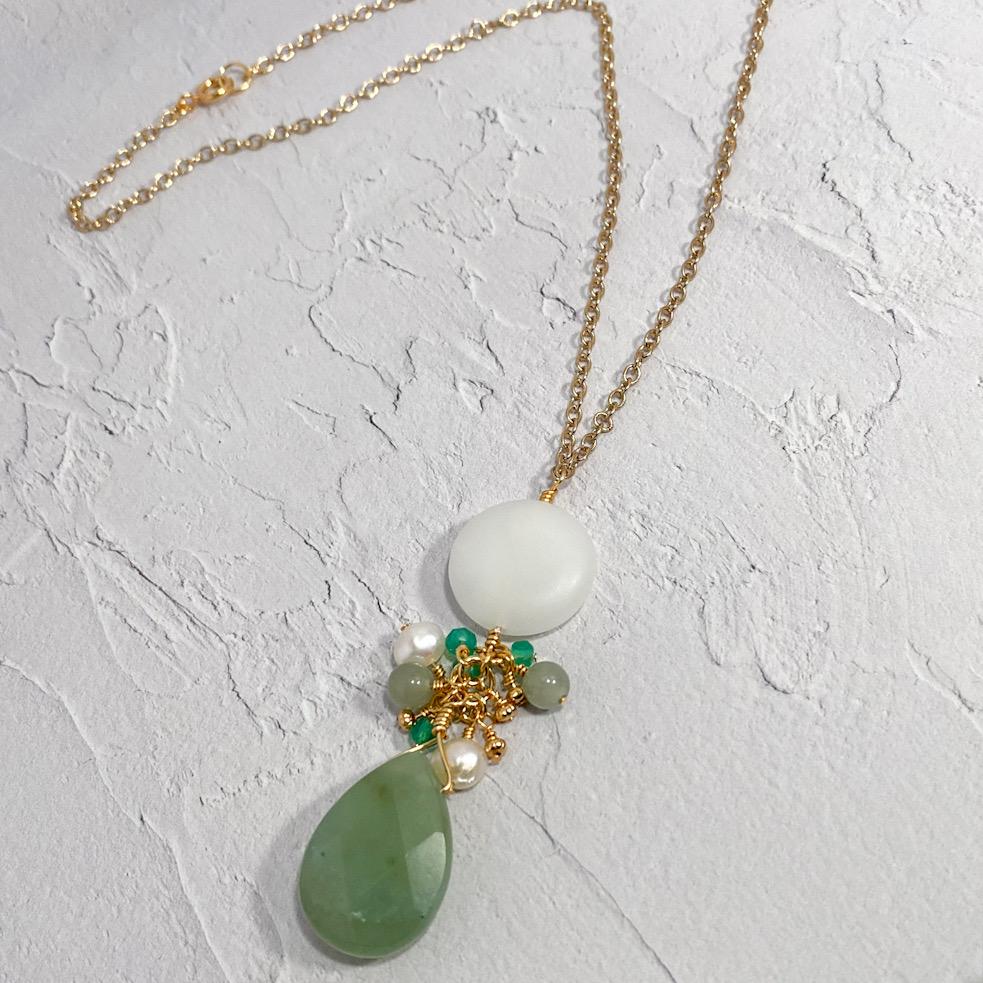 Jade Sea Glass Pendant Necklace Gold Chain Drop Green Pearl