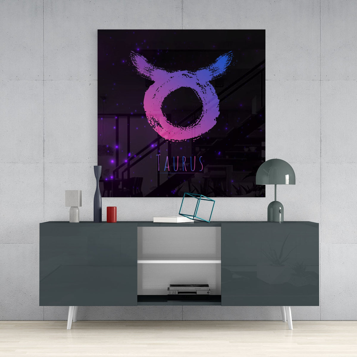 Pink Blue Brushstroke Starry Taurus Glass Wall Art
