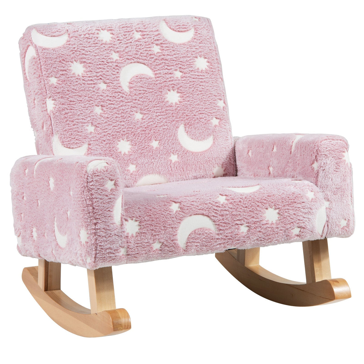 Kids Rocking Chair Upholstered Flannel Children Rocker with Solid Poplar Wood Rocking Feet