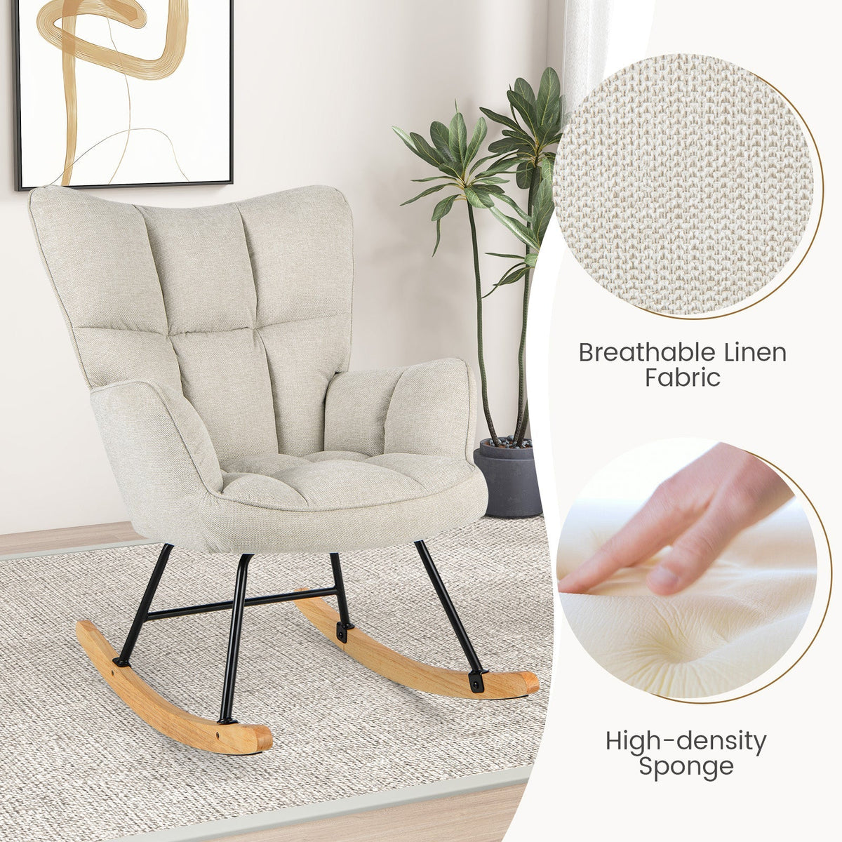 Linen Nursery Rocking Chair with High Backrest and Padded Armrests