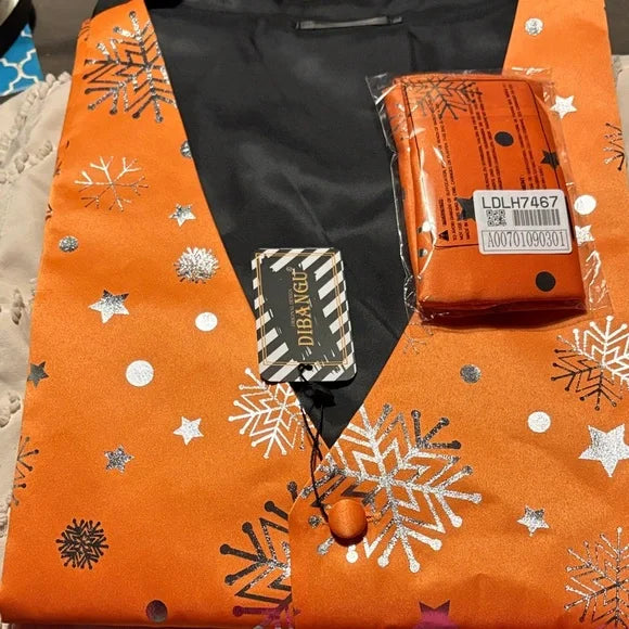 Set de chaleco y pajarita DiBanGu con diseño de copos de nieve navideños en color naranja y plata, talla L