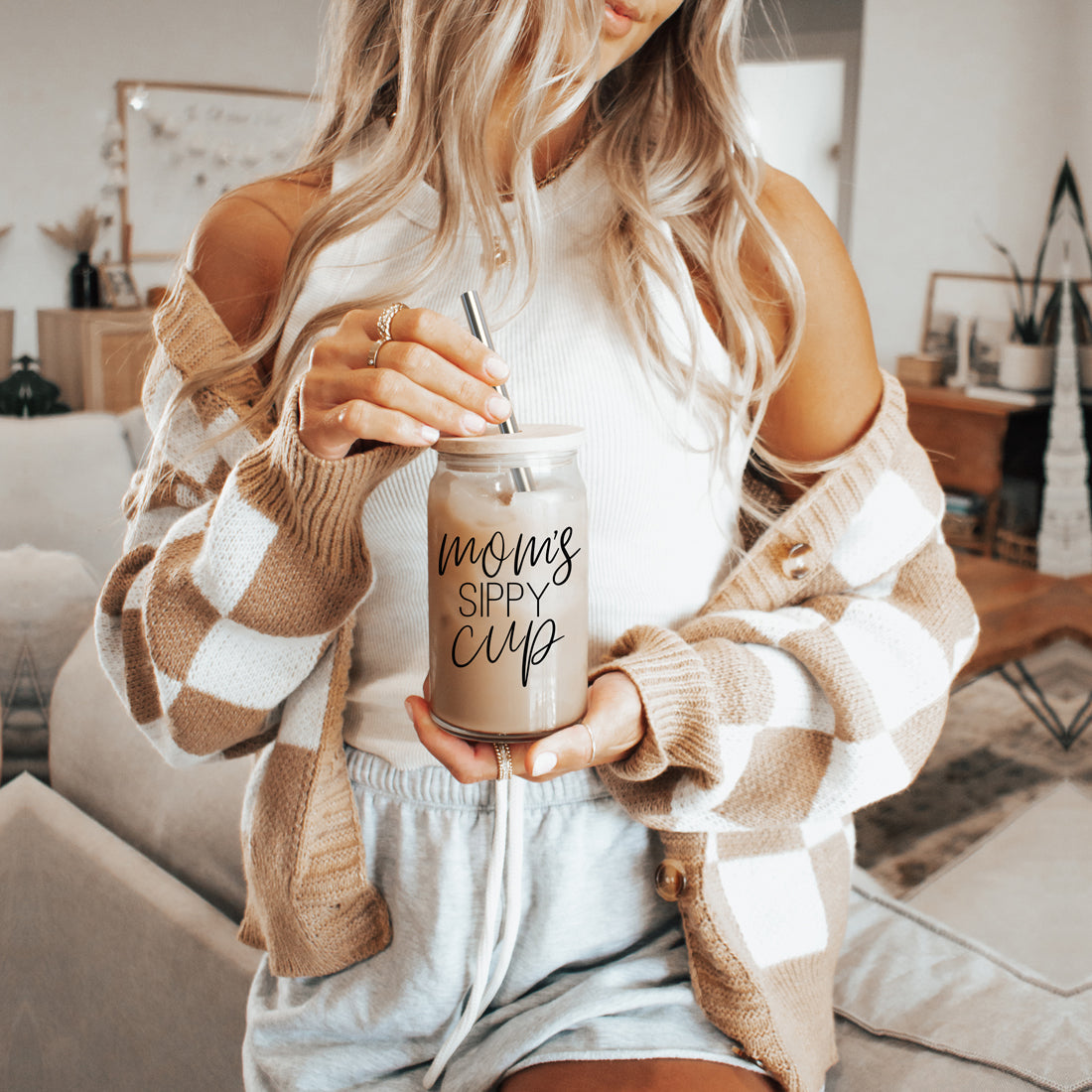 Mom's Sippy 17oz Glass Tumbler With Bamboo Lid 2 Stainless Straws And Cleaner