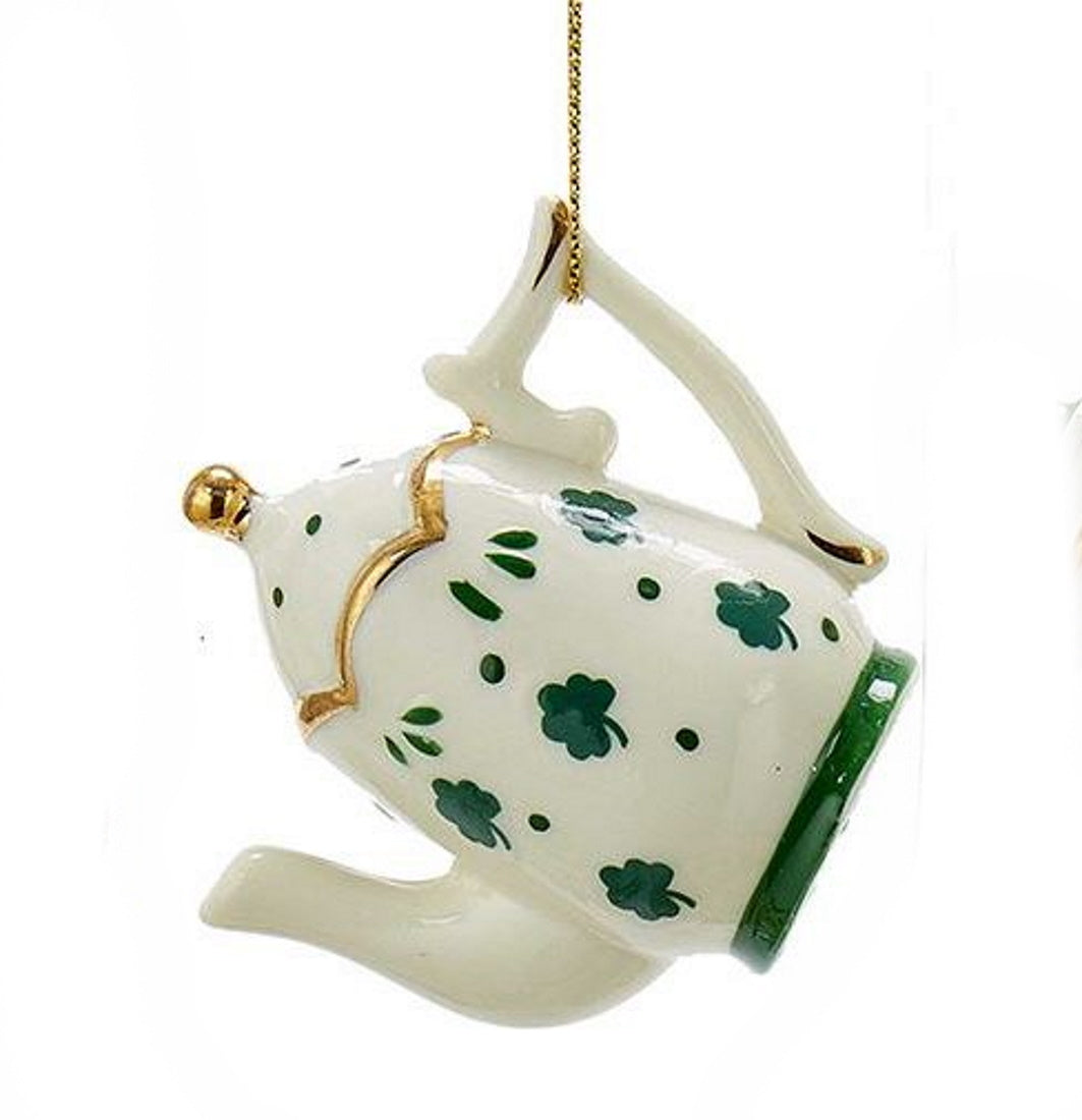 Adorno de tetera irlandesa de porcelana con tapa dorada