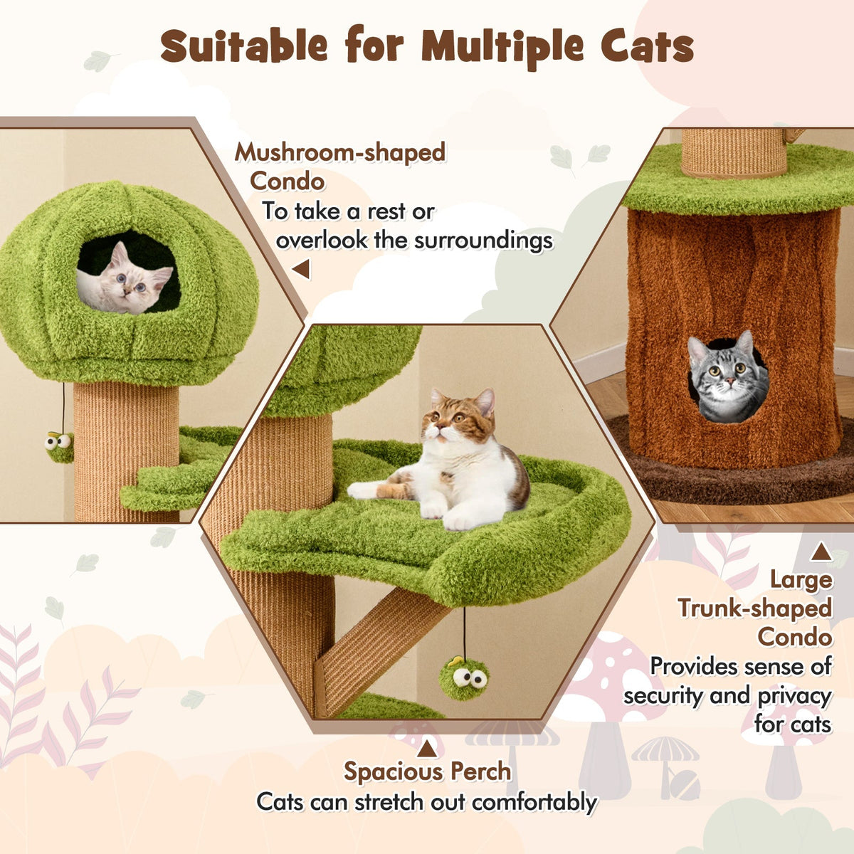 Árbol rascador para gatos con forma de hongo para gatos de interior con 2 lindos condominios, percha de felpa y bolas de juguete - Verde