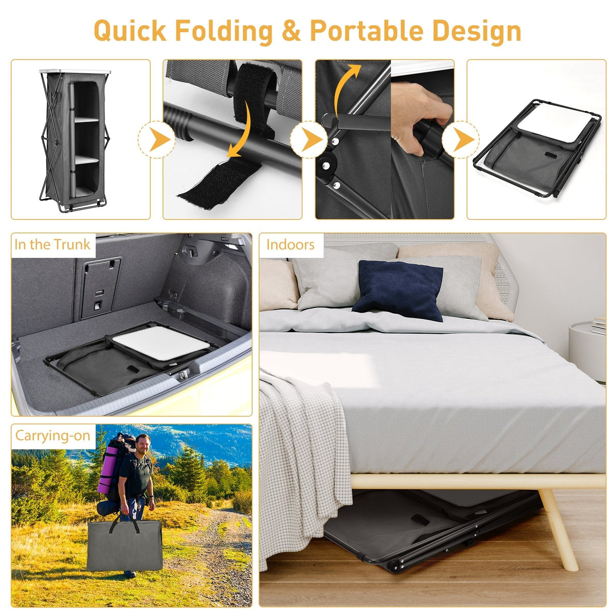 Armario de camping plegable con 3 estantes y bolsa de transporte