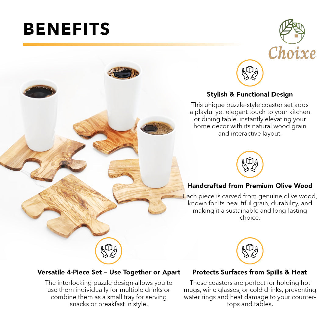 Olive Wood Coaster Puzzle Set 4-Pack Rustic Mediterranean Drink Coasters