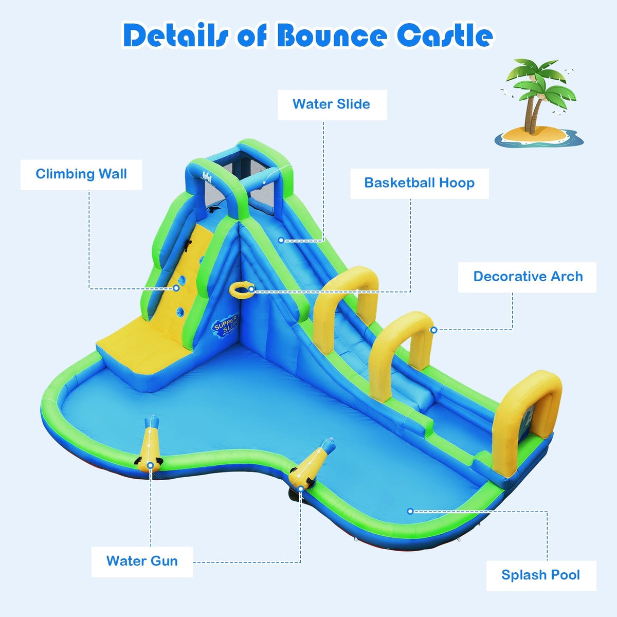 Tobogán acuático inflable para niños con cañones de agua y manguera sin soplador