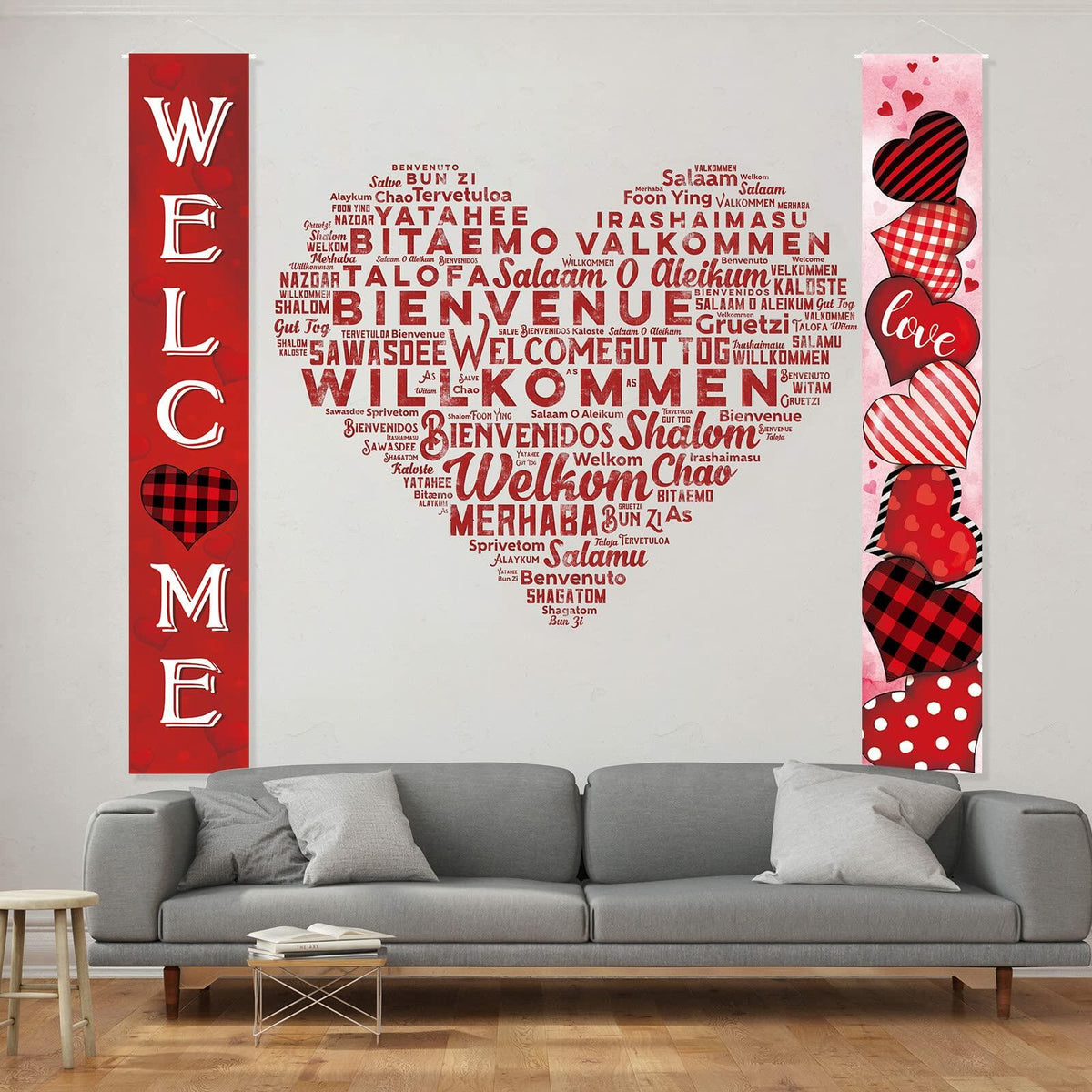 Juego de 2 pancartas para puerta de San Valentín con diseño de cuadros rojos, decoración de corazones para el hogar
