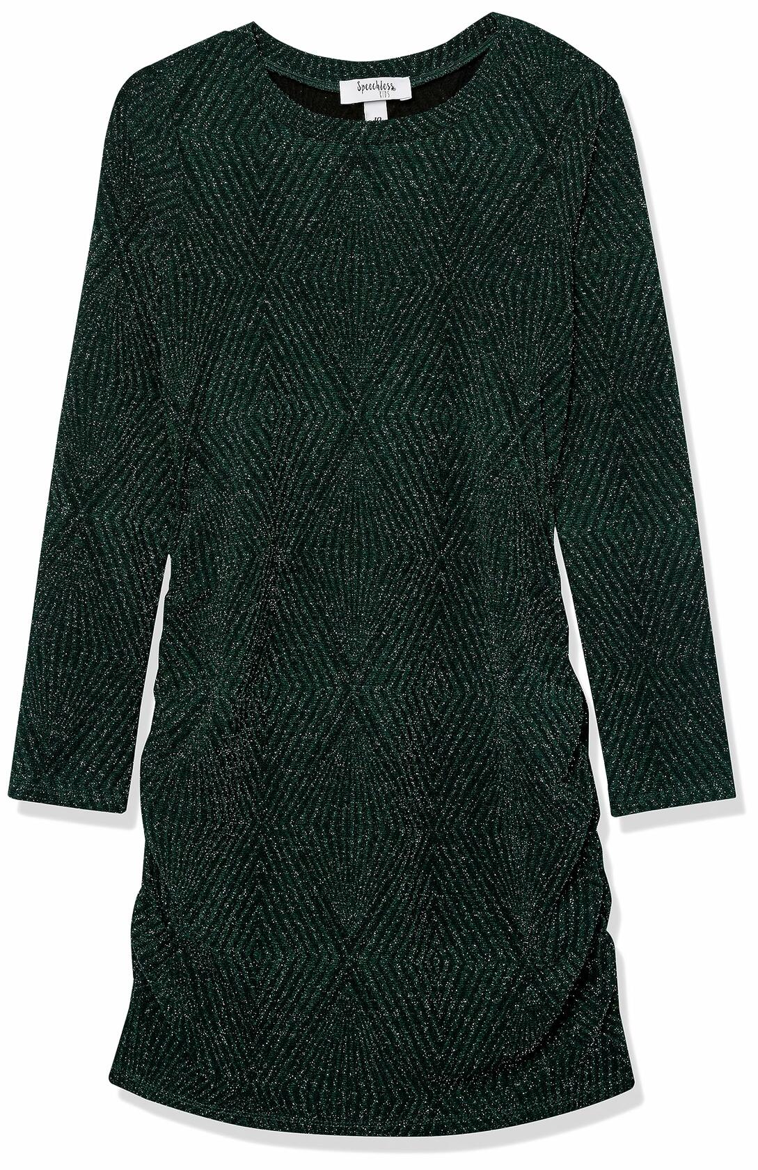 Speechless Girls' Long Sleeve Glitter Knit Ruched Party Dress, Hunter, 7