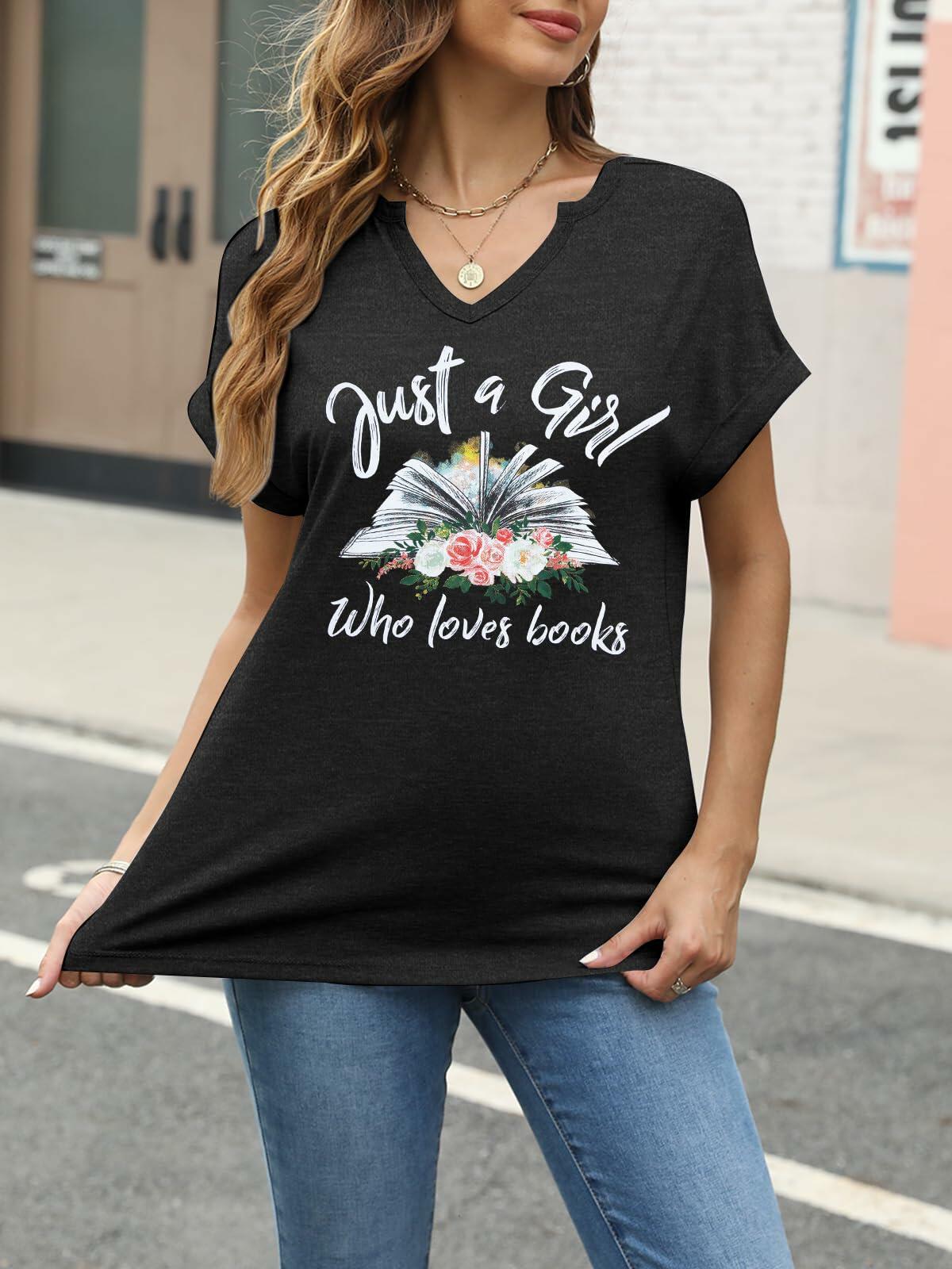 Camiseta de cuello en V y manga corta para mujer amante de los libros, gris oscuro, talla XL