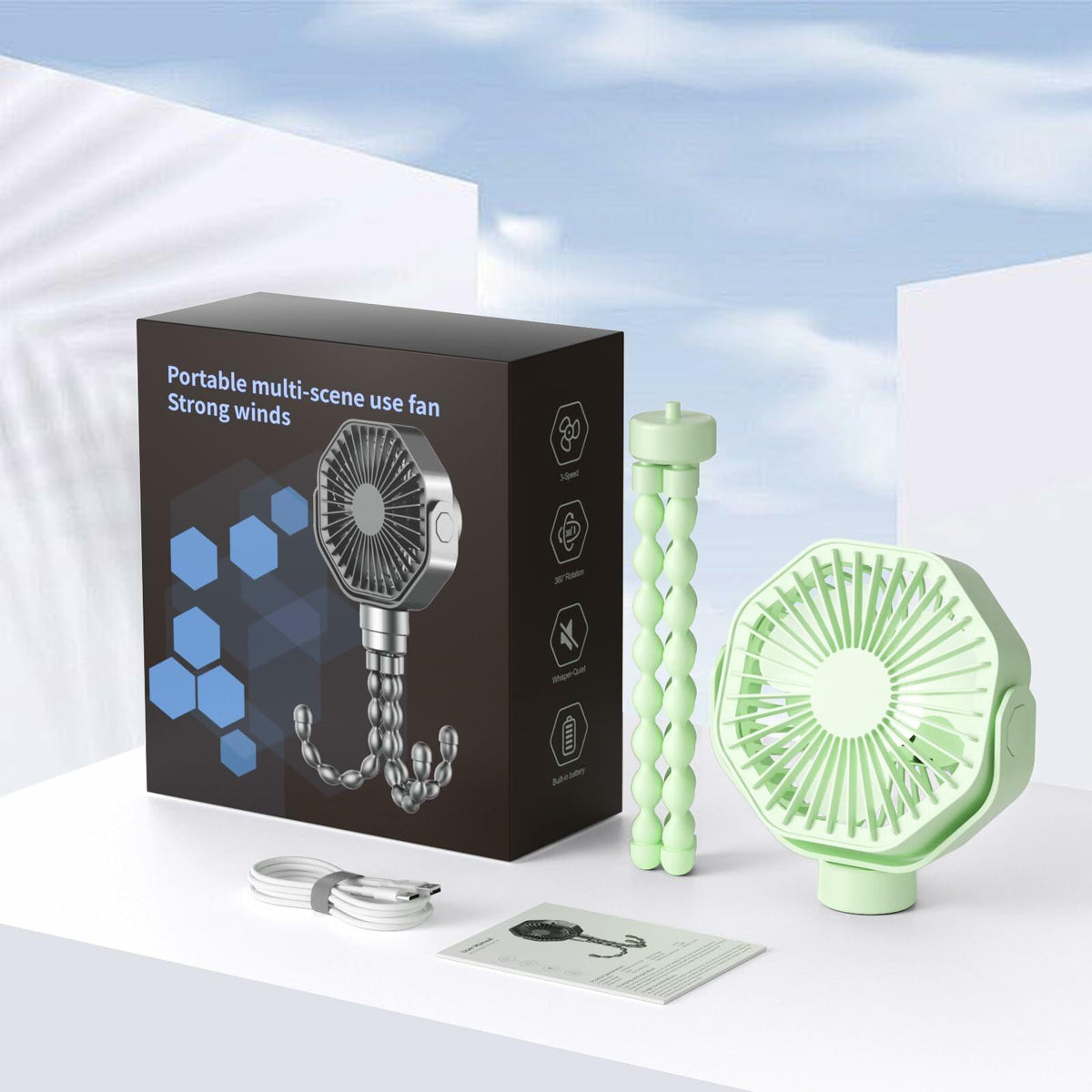 Ventilador portátil para cochecito Lerat, recargable, con clip, 3 velocidades, verde