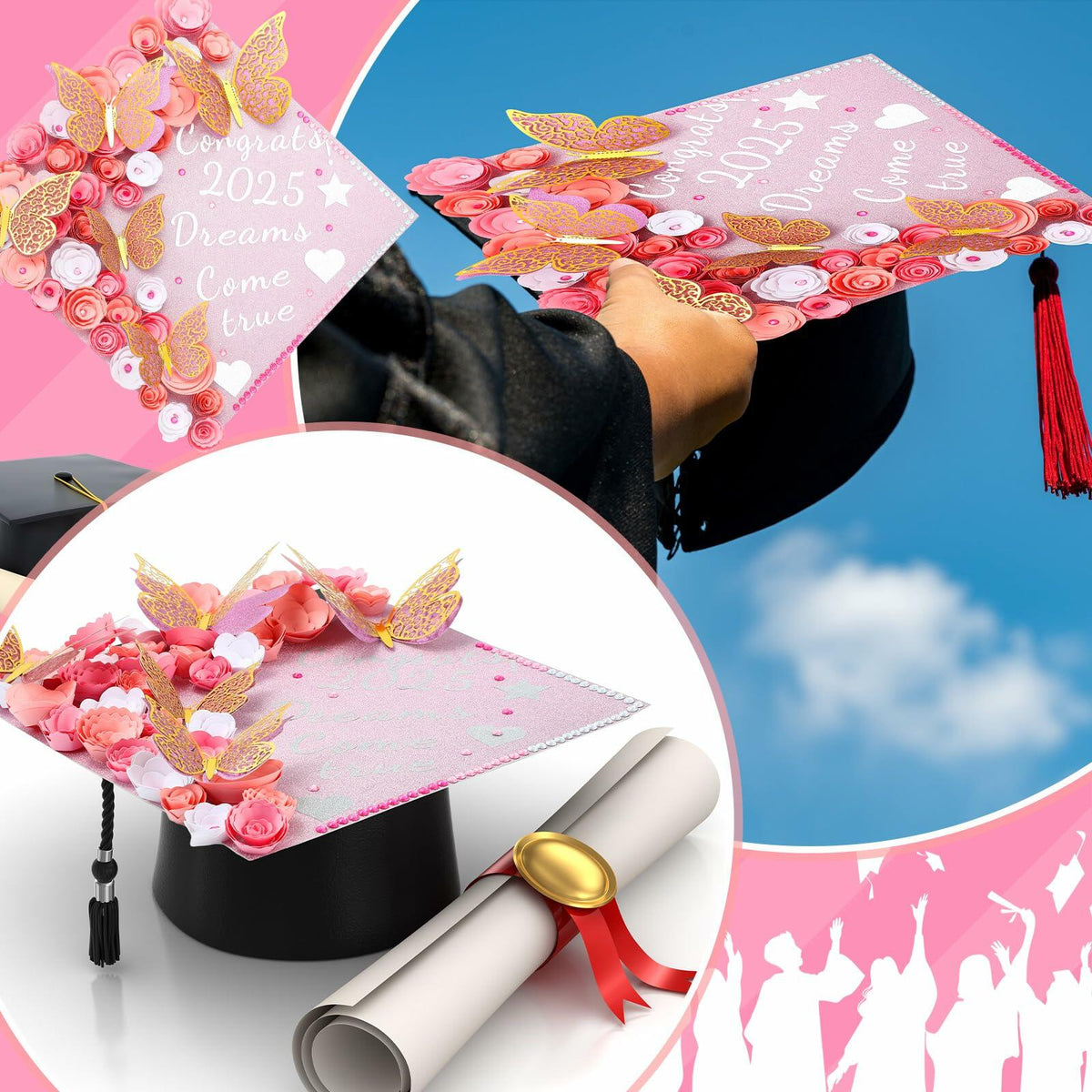 Kit de decoración para birrete de graduación Knitgrip, 98 piezas, flores artificiales rosas y mariposa