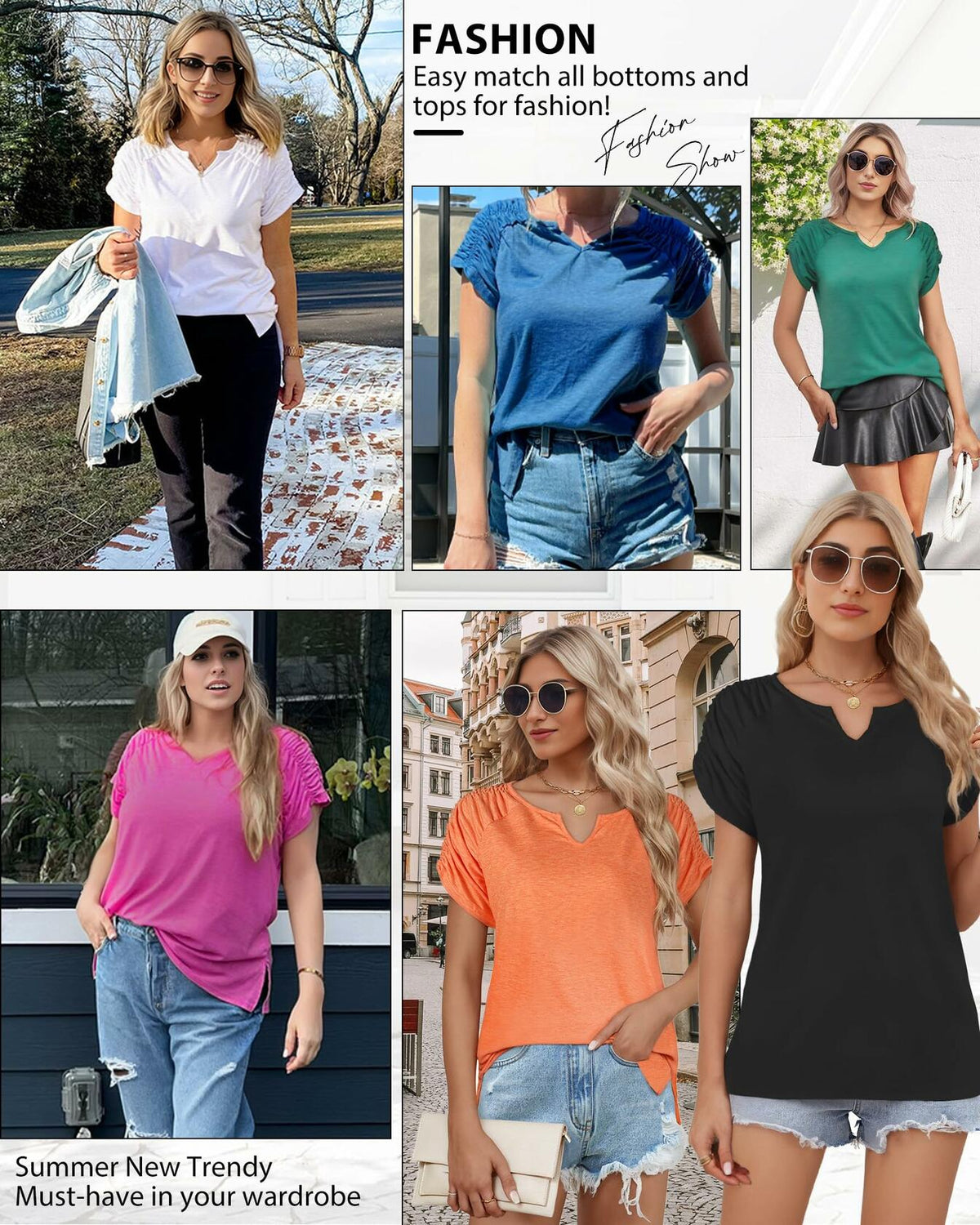 Camisa informal de manga corta con cuello en V para mujer AURUZA, azul, talla S