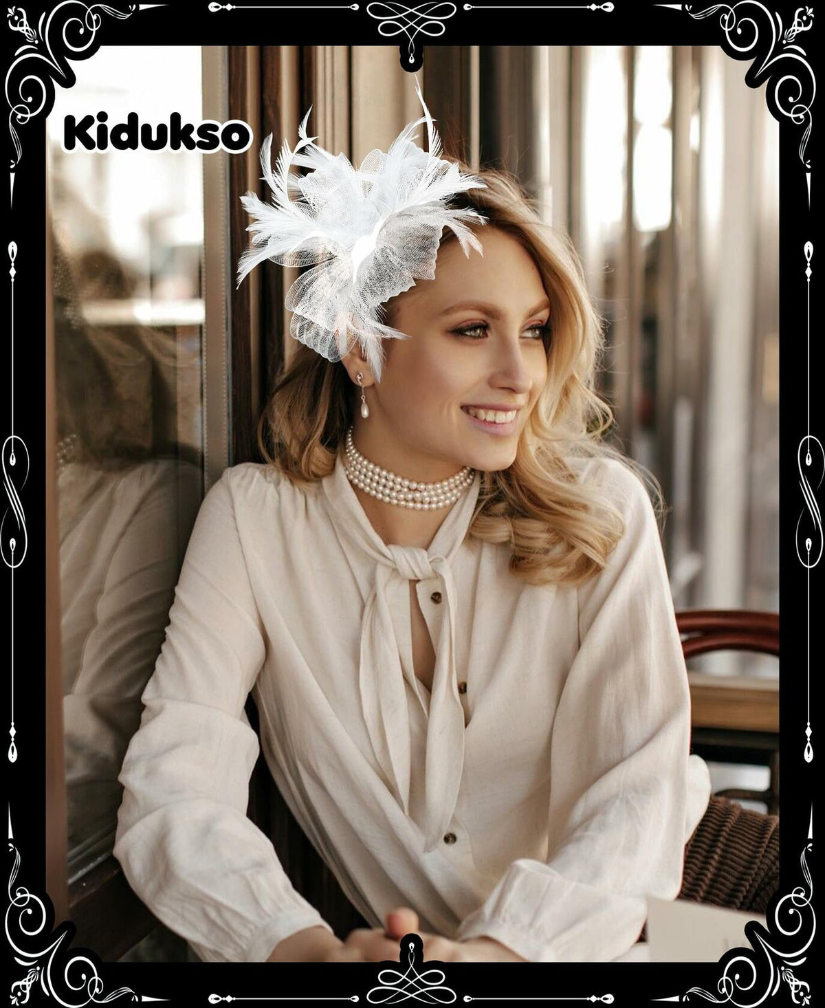 Diadema con clip tipo fascinador vintage para Derby Kidukso, color blanco