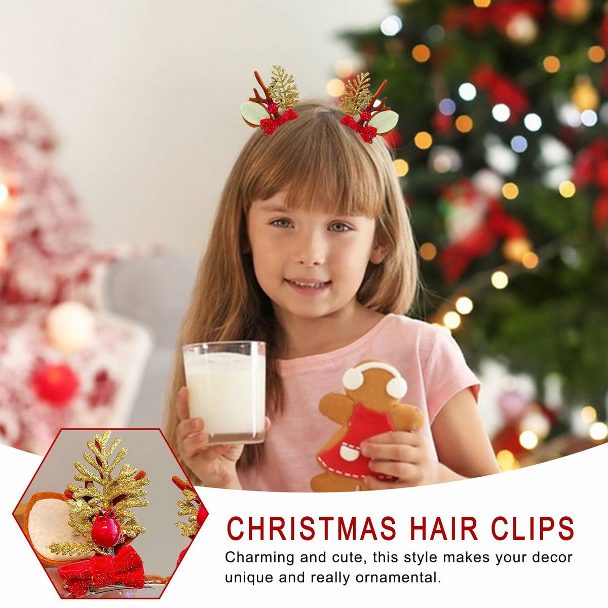 Pinzas para el cabello con lazo navideño, reno rojo y dorado, 2 piezas, accesorios festivos