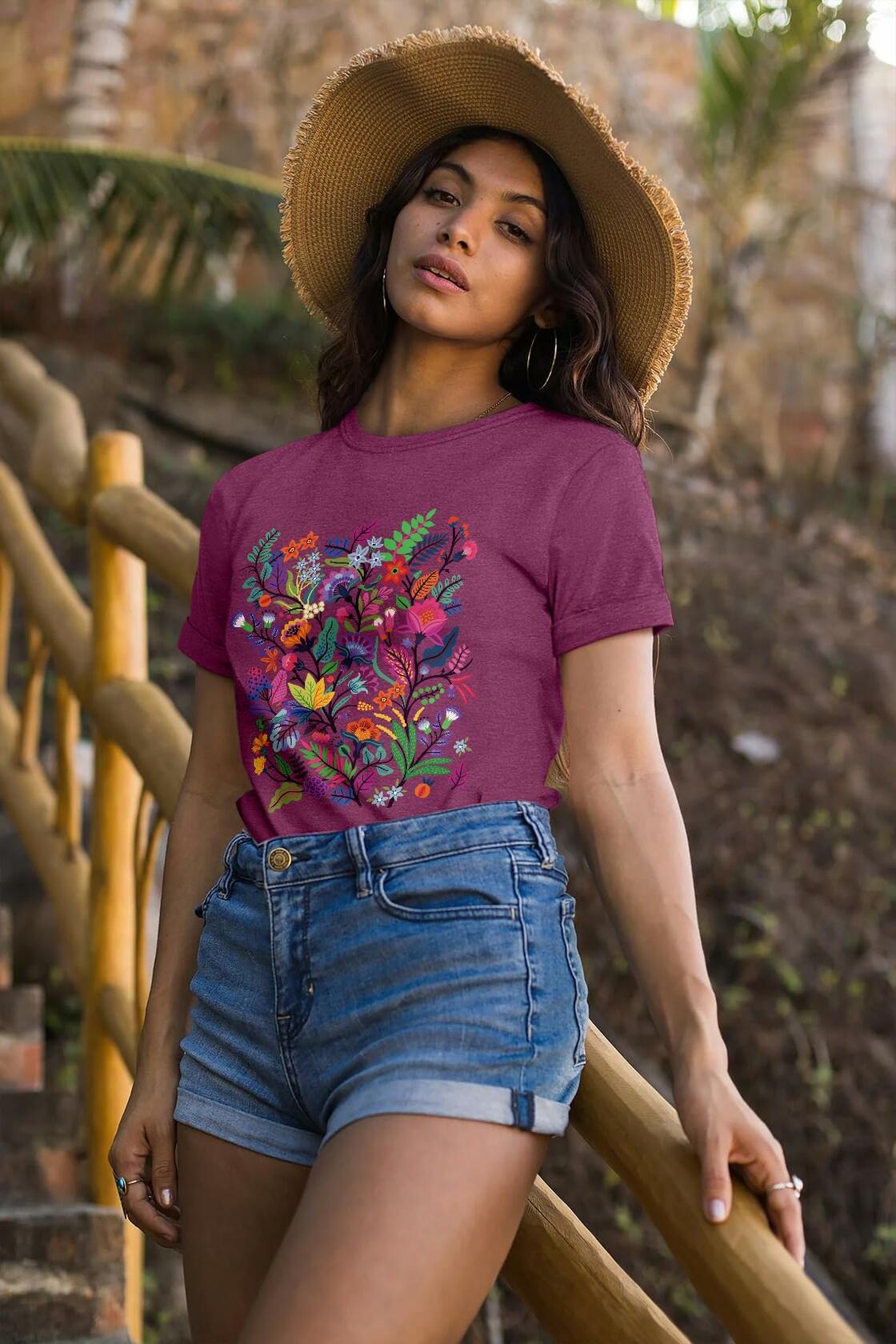 Camiseta de cuello redondo con estampado de flores silvestres estilo bohemio para mujer Inber, talla XL