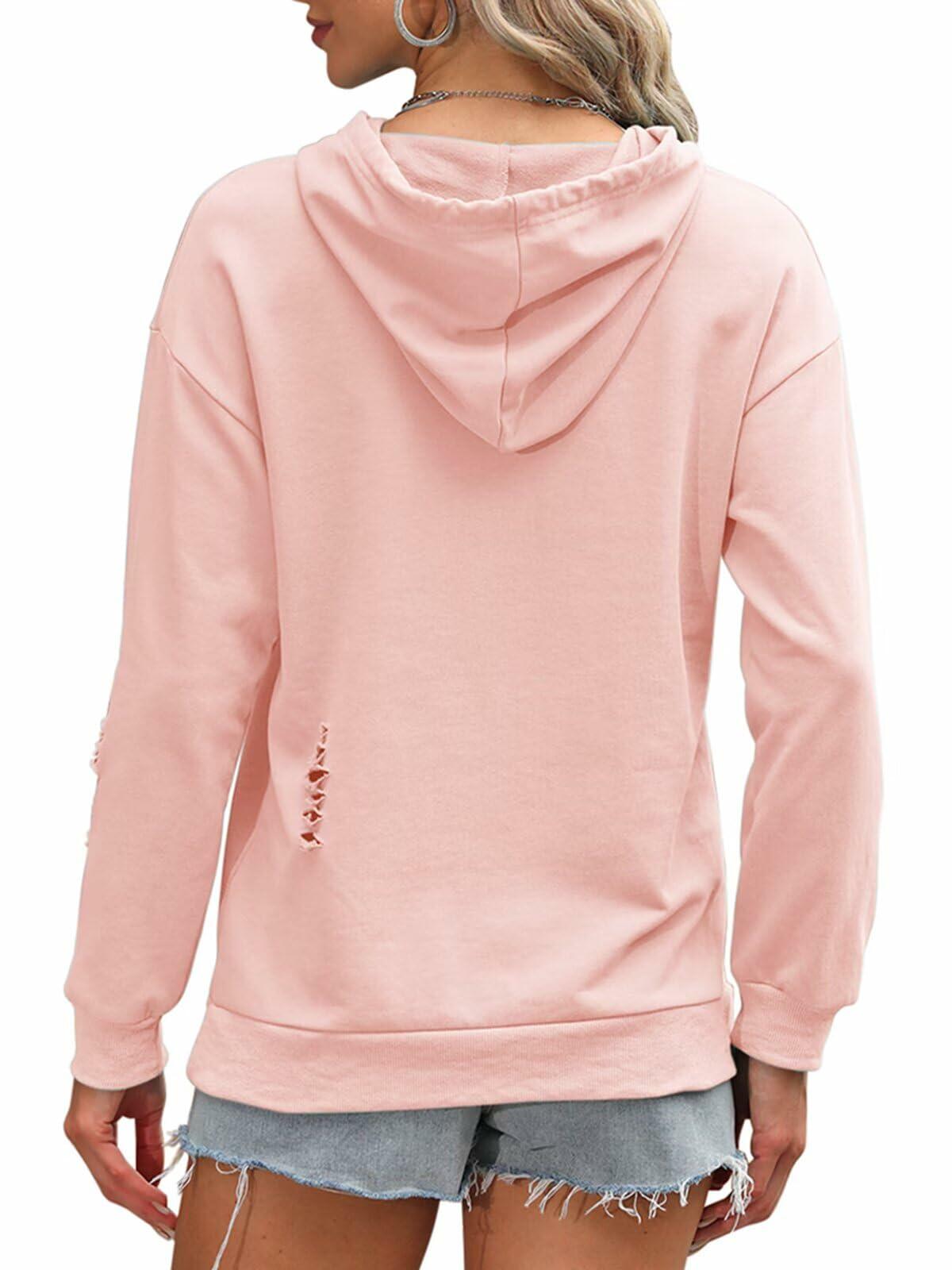 Sudadera con capucha para mujer, estilo desgastado, con cordón y bolsillo tipo canguro, color gris azulado, talla M