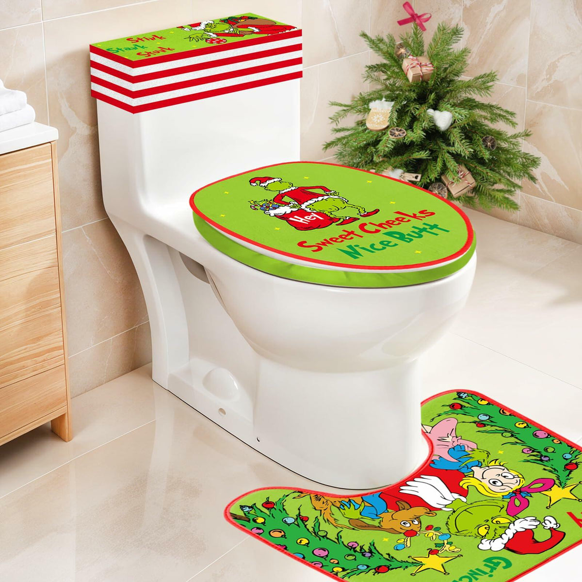 Set de fundas para inodoro navideñas divertidas, 4 piezas, decoración de baño para intercambio de regalos (White Elephant)