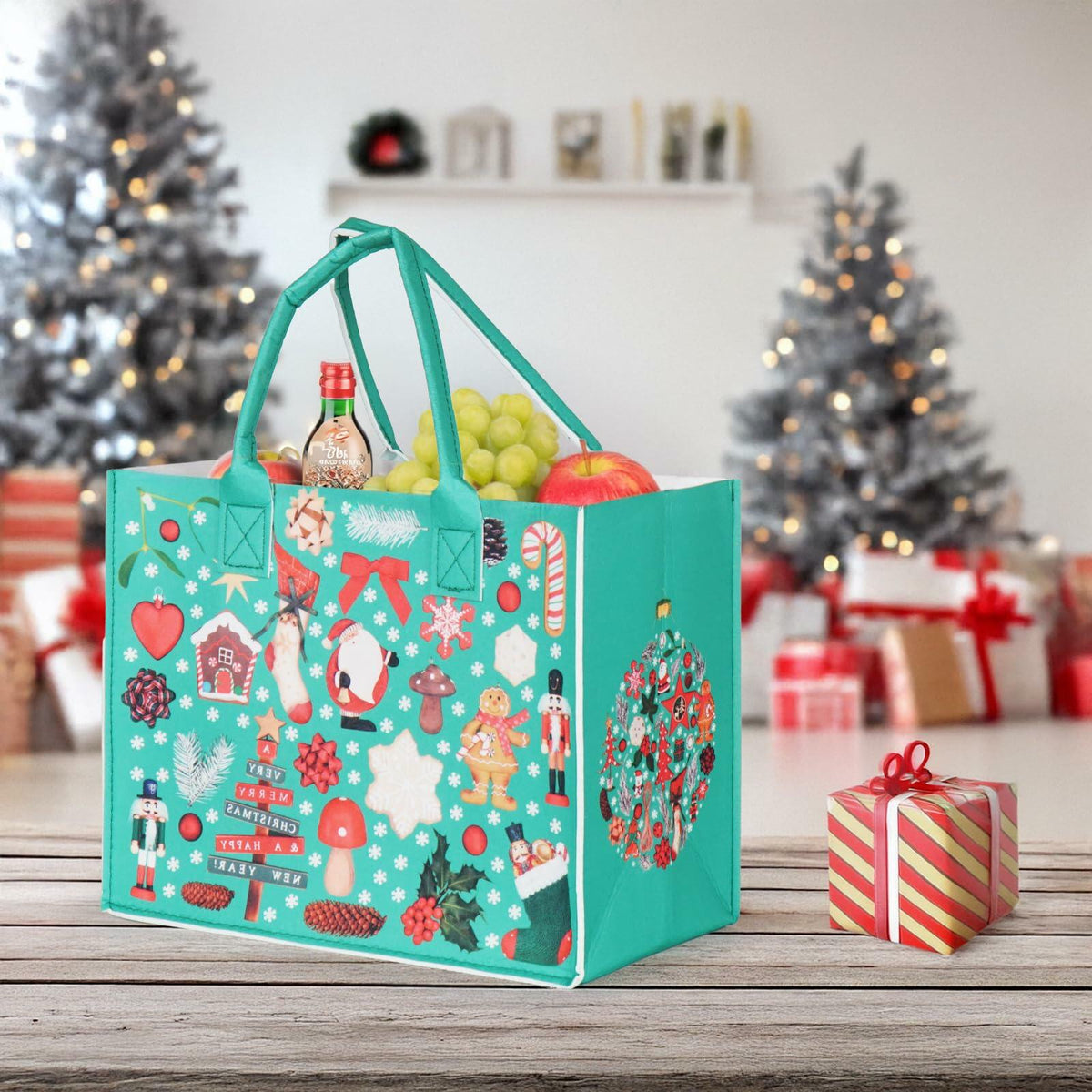 JIWINNER 4 bolsas de regalo de fieltro 13x7x10 con asas, envoltorio navideño