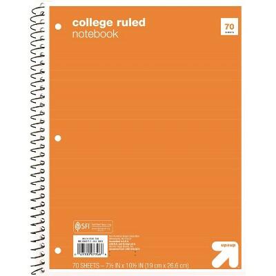 Cuaderno de espiral up&up™ de 1 materia, rayado universitario, 70 páginas, 7.5x10.5, naranja