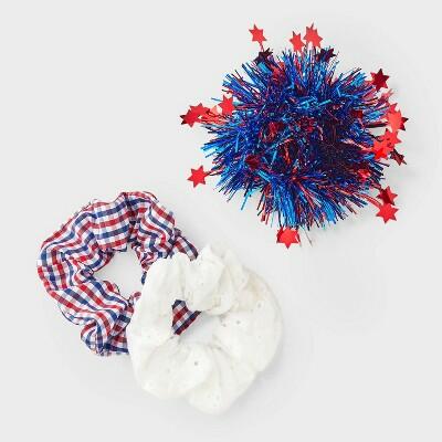Juego de 3 coleteros para el cabello con estampado de cuadros americanos y oropel, color rojo, blanco y azul, multicolor