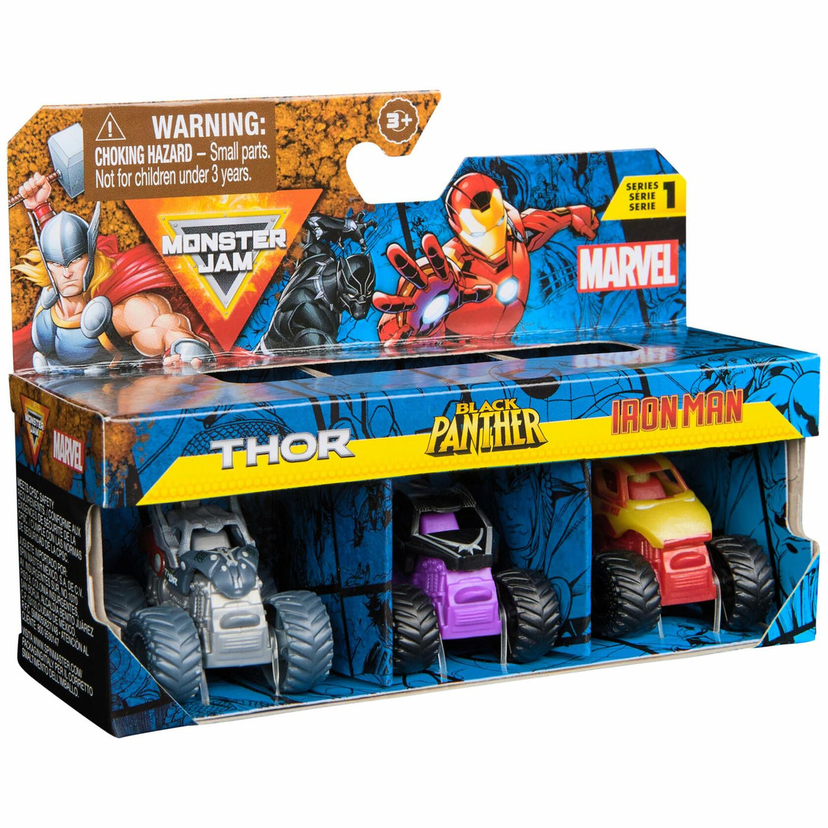 Monster Jam Marvel Mini Monster Truck paquete de 3 Thor Black Panther Iron Man