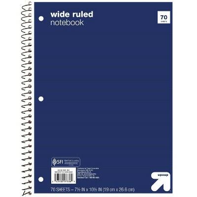 Cuaderno de espiral Up&up™ de una materia, rayado ancho, color azul, 70 páginas, perforado con 3 agujeros