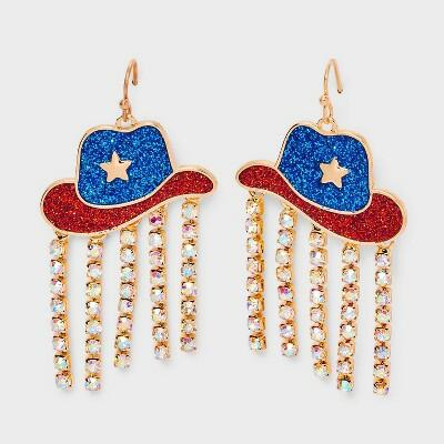 Pendientes de gota con pedrería de sombrero de vaquero americano rojo, blanco y azul