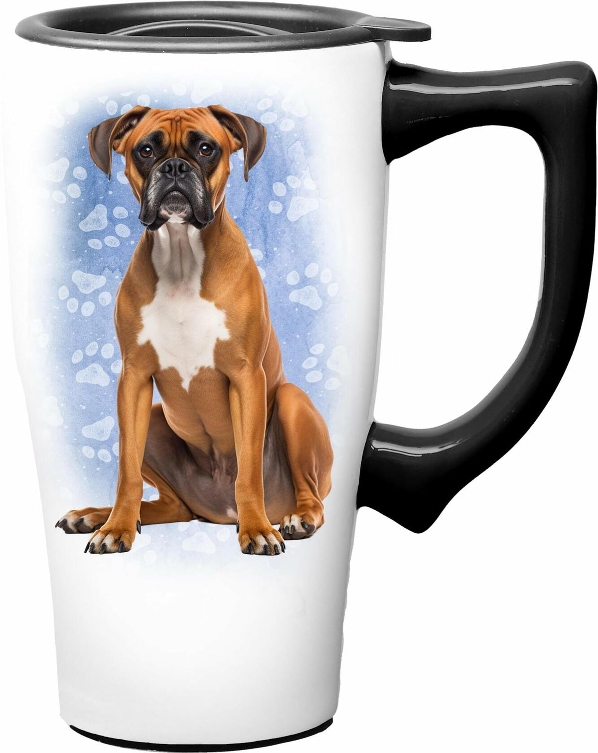 Taza de viaje de cerámica para café Spoontiques 18oz blanca con tapa y asa a prueba de derrames