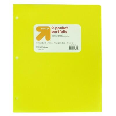 up&up 2 Pocket Plastic Folder Yellow 3-Hole Punched 50 Sheet Capacity