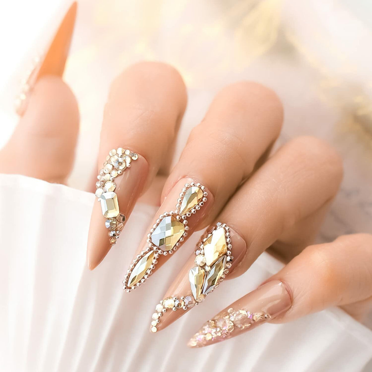 Nail Rhinestones Champagne Gold 1130pcs Flat Back 12 Grids DIY Craft