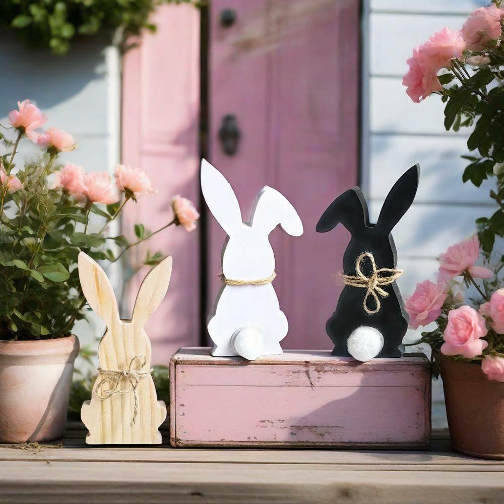 Hryxic 3 piezas de decoraciones de madera de conejo de Pascua, centro de mesa, blanco y negro