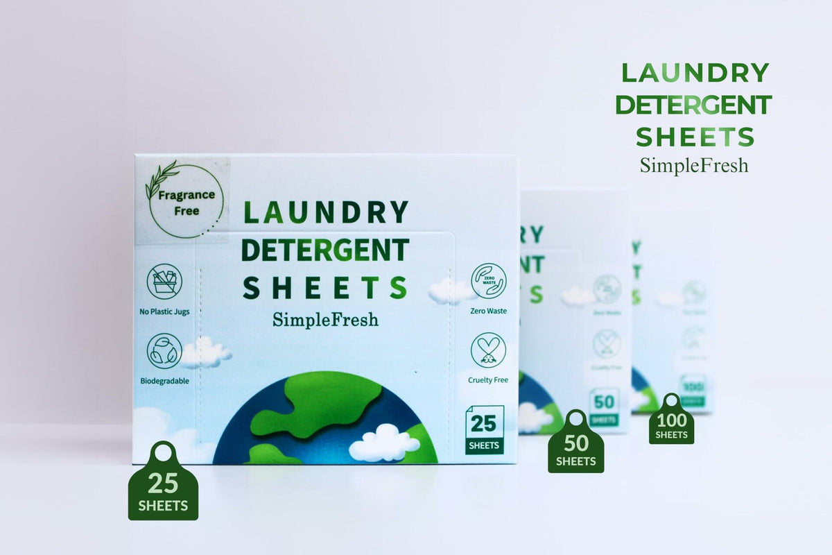 Hojas de detergente para ropa Simple Fresh, sin fragancia, 50 lavados, paquete de 25