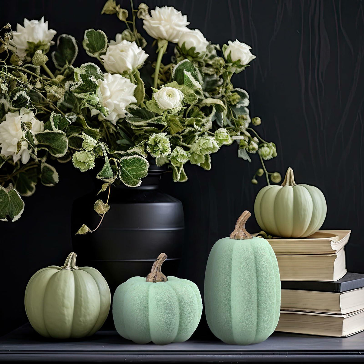Vicenpal 2 calabazas de espuma verde para decoración de otoño y Acción de Gracias, de terciopelo flocado