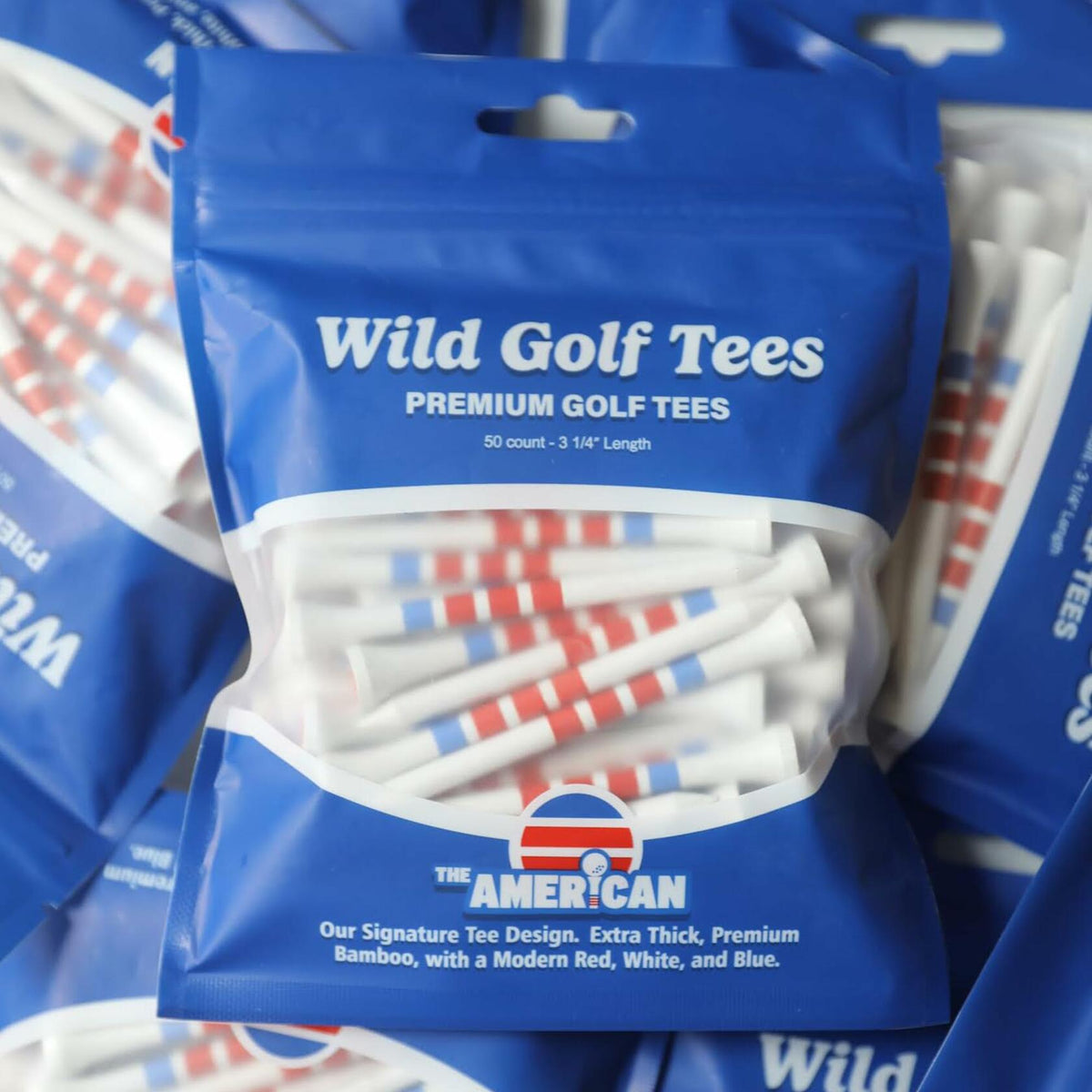 Tees de golf de bambú Wild Golf Wood, extra gruesos, 3-1/4", rojo, blanco y azul, paquete de 50