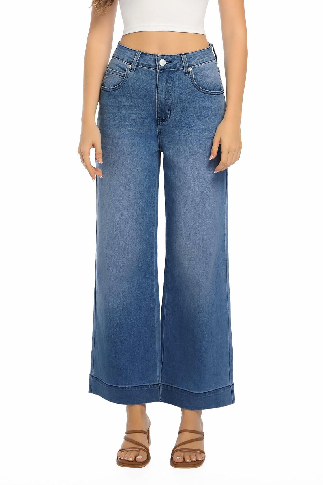 Jeans de pierna ancha, elásticos y de tiro alto para mujer Guaile, color azul, talla 6